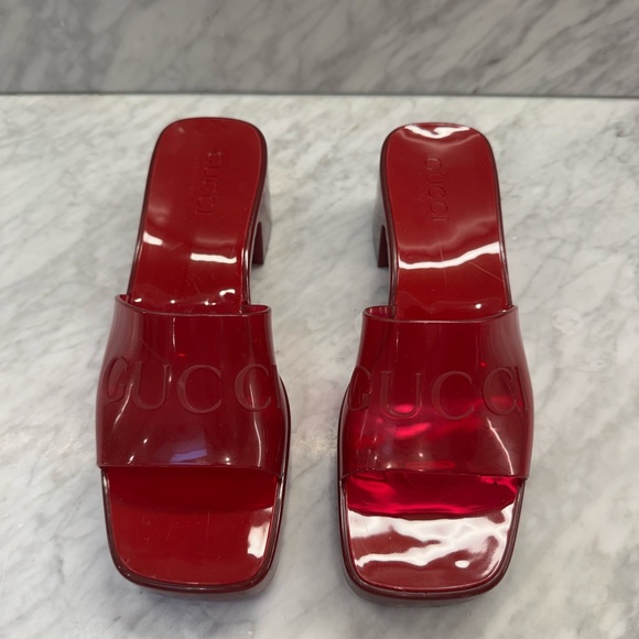 Gucci “Plastique” Logo Rubber Heeled Red Mule Slides Sandals 37.5 - Picture 2 of 8